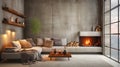 A living room with a huge sofa and a fireplace decorated in a rustic and simple way Royalty Free Stock Photo