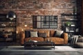 Living room industrial style leather sofa. Generate Ai Royalty Free Stock Photo