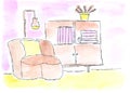 Living room interior. Armchair, wardrobe, floor lamp. Inside the house. Head office. Watercolor, art decoration, sketch.