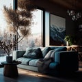 living room interior with big , sofa, pictures and houseplants Royalty Free Stock Photo