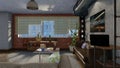 Living room interior with big window in loft 3D