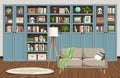 Living room interior with blue bookcases and a sofa. Scandinavian interior design. Cartoon vector illustration Royalty Free Stock Photo