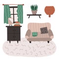 Living room interior in boho style. Lounge with comfortable couch, lamp, carpet, dresser, window, decor. Cartoon hand drawn