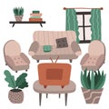 Living room interior in boho style. Lounge with sofa, armchairs, bookshelf, retro TV, coffee table, plants. Cartoon hand drawn Royalty Free Stock Photo