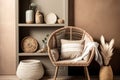 Living room interior in boho style with wicker furniture, dry spikelets, rattan accessories. Modern hotel interior in Bali. Royalty Free Stock Photo