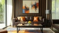 Living room interior with brown leather furniture and abstract painting on dark wood wall, modern home design. Concept of Royalty Free Stock Photo