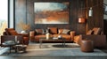 Living room interior with brown leather furniture and painting on wall, modern home design. Concept of apartment, contemporary Royalty Free Stock Photo