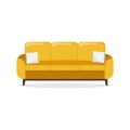 Living room interior. Cartoon comfortable yellow sofa with pillows isolated on white background. Flat style vector illustration