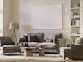 Living room interior with comfortable furniture. Blank artist`s canvas on the wall. 3D render.