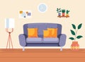 Living room interior. Comfortable sofa, TV, window, chair and house plants. Vector Royalty Free Stock Photo