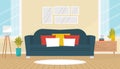 Living room interior with cozy sofa, pictures on the wall, house plants, floor lamp and chest of drawers. Home design. Royalty Free Stock Photo