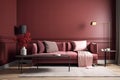 Living room interior in dark red, burgundy color, with furniture and plants. Generative AI Royalty Free Stock Photo