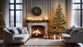 Living room interior with decorated fireplace and christmas tree Royalty Free Stock Photo