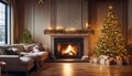 Living room interior with decorated fireplace and christmas tree Royalty Free Stock Photo