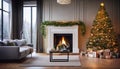 Living room interior with decorated fireplace and christmas tree Royalty Free Stock Photo