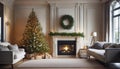 Living room interior with decorated fireplace and christmas tree Royalty Free Stock Photo