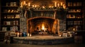 Living room interior with decorated fireplace and christmas tree. Royalty Free Stock Photo