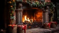 Living room interior with decorated fireplace and christmas tree. Royalty Free Stock Photo