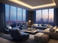 Living room interior design with big windows cityview