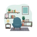 Living room interior design. Cozy blue armchair on a rug, side table with books and a table lamp. Shelves with books, potted