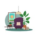 Living room interior design. Armchair, rug, side table, house plants, lamp and a picture frame.