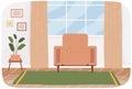 Living room interior design with cream chair. green carpet, pictures on wall and potted plant Royalty Free Stock Photo