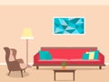 Living room interior design in flat style including furniture, lamp, sofa, armchair and tea table. Royalty Free Stock Photo