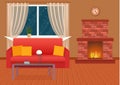 Living room interior design with furniture and fireplace. Domestic room with sofa, armchair, floor lamp and hearth