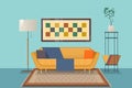 Living room interior design with furniture ouch, pillows, chest of shelves, books, decorations. Isolated vector objects.Flat vecto