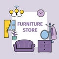 Living room interior design with furniture for store vector illustration. Sofa, lamp and bookcase, tv, lamps and chest