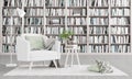 Living room interior design with library. White armchair with decoration. 3D Render
