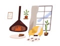 Living room interior design with modern fireplace and armchair with plaid. Cozy Scandinavian home with window and plants