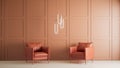 Living Room interior design in modern style, peach wall and chairs, 3d render background