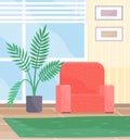 Living room interior design with red chair. green carpet, pictures on wall and potted plant Royalty Free Stock Photo