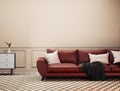 Living room Interior design. Red Leather Sofa in the room with beige wall and pattern floor. Retro Living room for mockup Royalty Free Stock Photo