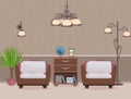 Living room interior design with two armchairs, houseplant and lamps Domestic room with furniture