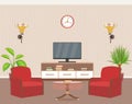 Living room interior design with two armchairs, tvset and houseplant. Domestic room with furniture, clock