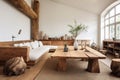 Living room interior design with wood furniture in minimalist rustic style