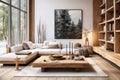 Living room interior design with wood furniture in minimalist rustic style