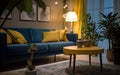 Living room interior design in yellow blue and beige colors, home lighting and cozy atmosphere concept. Generative AI Royalty Free Stock Photo