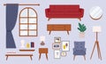 Living room interior elements set in flat retro style. Vector red retro sofa, armchair, posters. Royalty Free Stock Photo