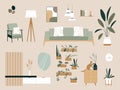 Living Room Interior Elements Vector Set. Wooden furniture, plants, sofa, couch, bookcase, paintings, armchair, lamps, shelf, Royalty Free Stock Photo