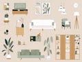 Living Room Interior Elements Vector Set. Wooden furniture, plants, sofa, couch, bookcase, paintings, armchair, TV, lamps, shelf, Royalty Free Stock Photo