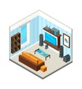 Living room interior. Entertainment home theatre table console tv set computer audio system vector isometric picture