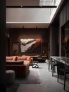 Living room interior filled with contemporary style furniture and bar in burgundy dark colors and tones Generative AI