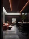 Living room interior filled with contemporary style furniture and bar in burgundy dark colors and tones Generative AI