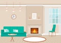 Living room interior with fireplace and furniture. Domestic room design with burning fire in furnace.