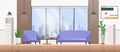 Living room interior flat design vector illustration, cartoon empty modern home apartment living room with cozy sofa
