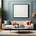 Living Room Interior with Frame Mock-Up, Modern Furniture, and Trendy Home Accessories on Colored Background Royalty Free Stock Photo