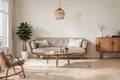 Living room interior with frame mock up, natural wooden furniture and trendy home accessories on bright beige background, , Royalty Free Stock Photo